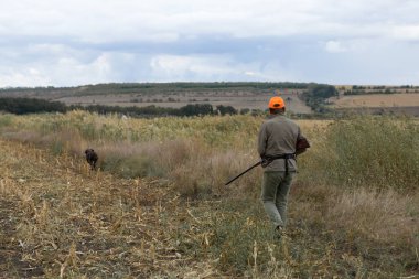 Av tüfeğiyle çayırda yürüyen sülün avcısı..