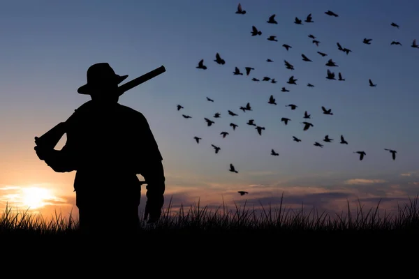 一个拿着枪对着太阳的猎人的轮廓 是对鸭子的埋伏 — 图库照片