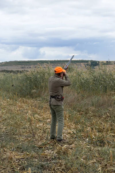 Duck Hunter Shotgun Walking Meadow — Stock Photo, Image