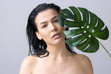 Doğal yeşil palmiye yaprağı portresi olan bir kadın. Moda, güzellik, makyaj, kozmetik.