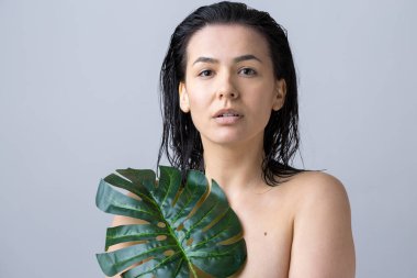 Doğal yeşil palmiye yaprağı portresi olan bir kadın. Moda, güzellik, makyaj, kozmetik.