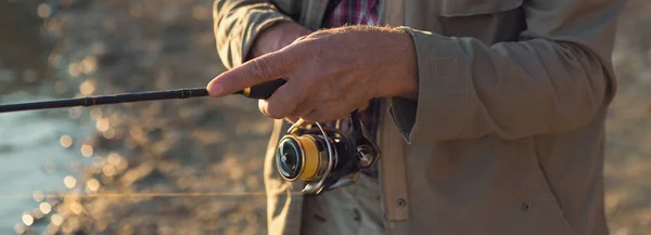 Fishing Rod Wheel Closeup Man Fishing Beautiful Sunset — Stock Photo, Image