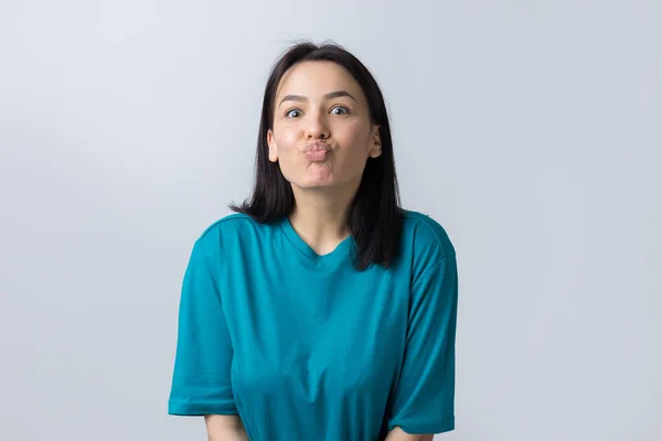 Portrait Flirting Young Woman Blowing Air Kiss Isolated Grey Background — Stock Photo, Image
