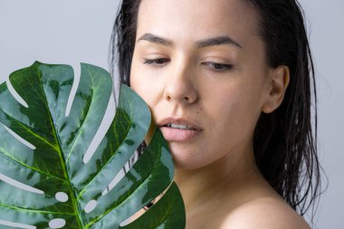 Doğal yeşil palmiye yaprağı portresi olan bir kadın. Moda, güzellik, makyaj, kozmetik.