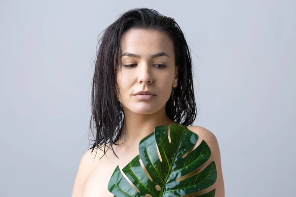 Kráska Žena Přírodním Zeleným Portrétem Palmového Listu Móda Krása Make — Stock fotografie