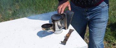 Arı kovanındaki bir çiftçi balmumu petekleriyle çerçeveleri tutar. Bal koleksiyonu için planlanmış hazırlık.