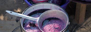 Şarap üreticisi varillere taşınmak için üzüm suyu döker..