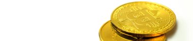 cryptocurrency golden coins - Bitcoin, Ethereum, Litecoin on white background. Virtual money concept.	