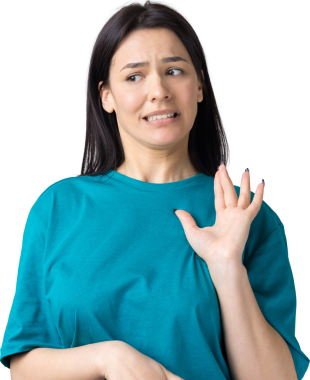 Rahatsız edici güzel esmer portresi, el hareketlerini durdurmak için kaldırıyor. Bu kadar yeter, teşekkürler..