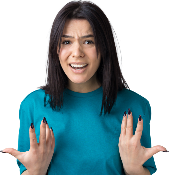 Young beautiful woman with facial expression of surprise standing over gray background.