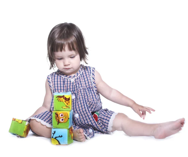 Hermosa niña juega con cubos. aislado sobre fondo blanco —  Fotos de Stock