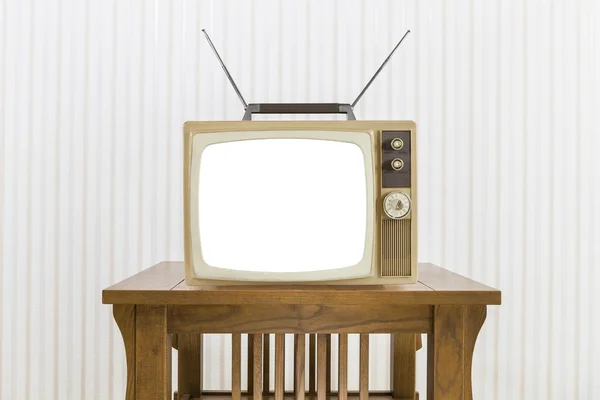 Old Television with Antenna on Wood Table with Cut Out Screen — Stock Photo, Image