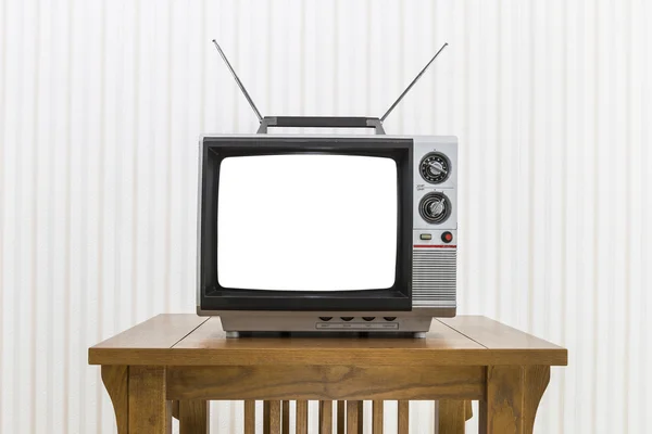 Old Portable Television with Antenna on Wood Table with Cut Out — Stock Photo, Image