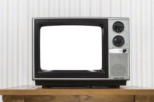 Old Portable Television on Wood Table with Cut Out Screen — Stock Photo, Image