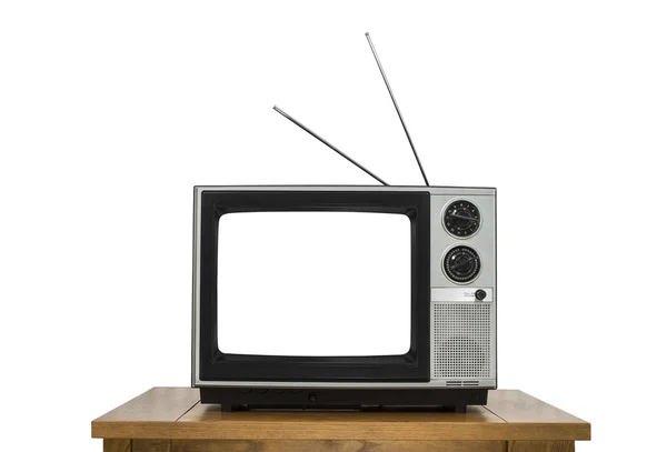 Vintage Televisione su tavolo in legno isolato su bianco con Cut Out — Foto Stock