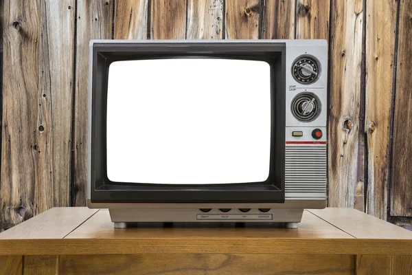 Vintage przenośny telewizor z wyciętym ekranu i rustykalny kabiny — Zdjęcie stockowe