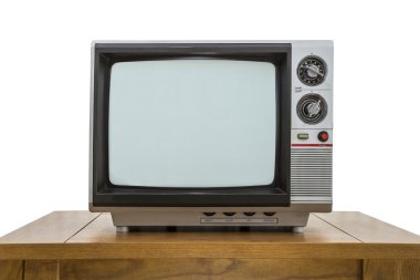 Vintage taşınabilir televizyon ve üzerinde beyaz izole tablo