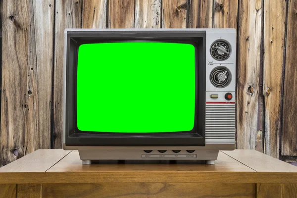Vintage Portable Television with Chroma Green Screen and Rustic