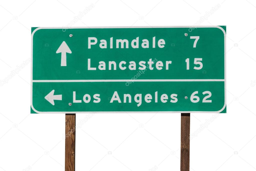 Palmdale, Lancaster and Los Angeles Highway Sign Isolated on Whi