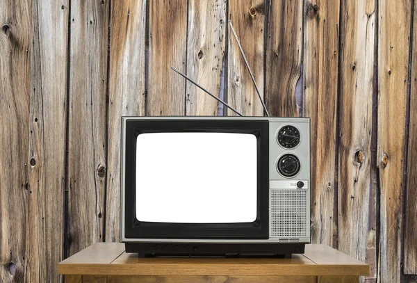 Vintage-Fernseher mit rustikaler Holzwand und ausgeschnittenem Bildschirm — Stockfoto
