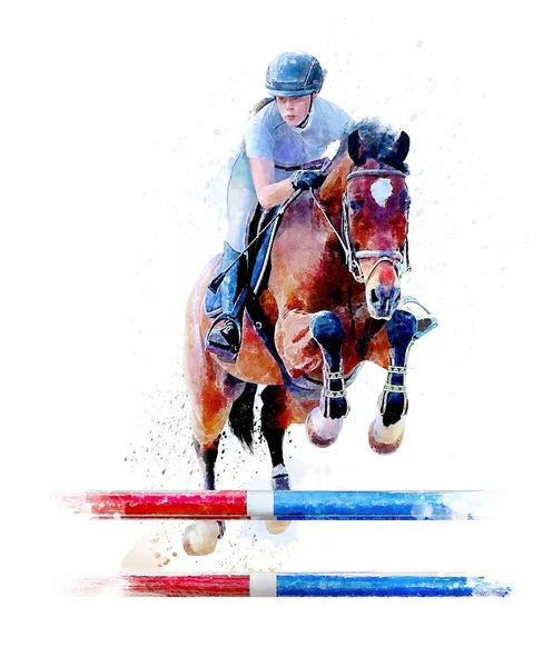 Jovem Obstáculo Salto Menina Com Cavalo Vermelho Salto Cavalo Eventos — Fotografia de Stock