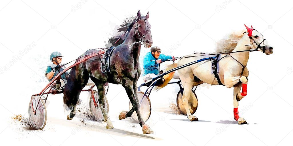 Horse race competition derby. Trotter race. Racing horses with jockeys. Hippodrome. Watercolor painting illustration isolated on white background