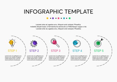 İş Bilgileri Şablonu. Simgeler, Metinler ve 5 Seçenekli Minimalist Vektör Tasarımı. İçerik, İş, Bilgi, Diyagram, Akış Çizelgesi, Süreç, Diyagram İçin Boş Alan