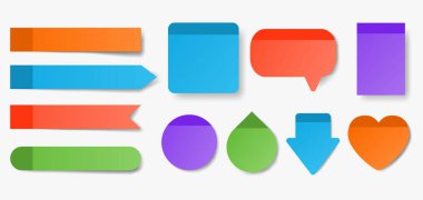 Renkli yapışkan notlar koleksiyonu. Kare, yuvarlak, kalp, damla, konuşma balonu şekilleri beyaz arka planda izole. Not, yer imi, notlar, planlama için boş kağıtlar. Vektör illüstrasyonu