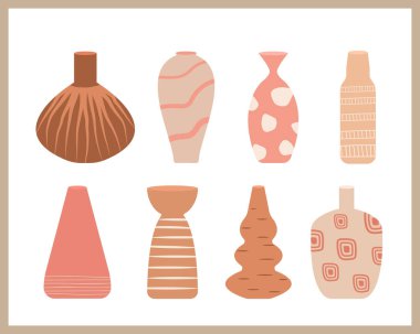 Seramik Vazo Koleksiyonu. El çizimi seramik çömlek vektörü seti. Minimalist stilde farklı şekiller. Tişört baskısı, dekoratif element, poster olarak kullanılabilir