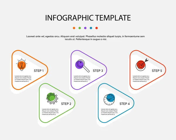 Творческая векторная инфографика из треугольников с 5 шагами, процессами. Универсальная минималистская инфографическая бизнес-концепция для презентации, отчета, рабочего процесса, стратегии. Визуализация бизнес-данных. — стоковый вектор