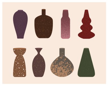 Dokulu seramik vazo koleksiyonu. El çizimi seramik çömlek vektörü seti. Minimalist stilde farklı şekiller. Tişört baskısı, dekoratif element, poster olarak kullanılabilir.
