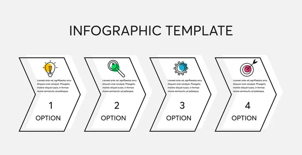 Διανυσματικό infographic από 4 βέλη με εικονίδια και κείμενο. Απλό πρότυπο σχεδιασμού infographics. Οπτικοποίηση επιχειρηματικών δεδομένων. — Διανυσματικό Αρχείο