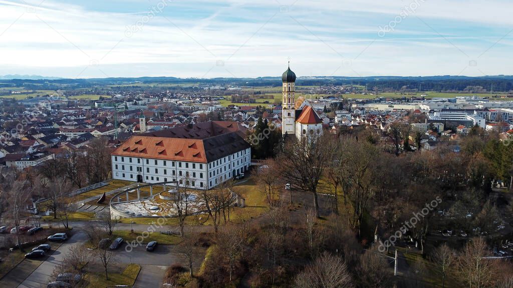 Aerial view from a drone of the town parish church of St. Martin in Marktoberdorf in Bavaria