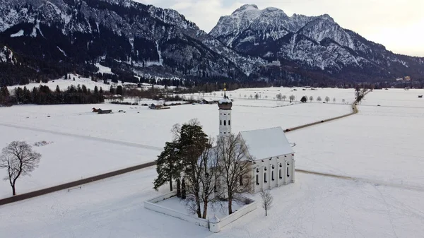 Drone Skott Den Berömda Barocken Colomanskirche Nära Schwangau Bayern Vintern — Stockfoto