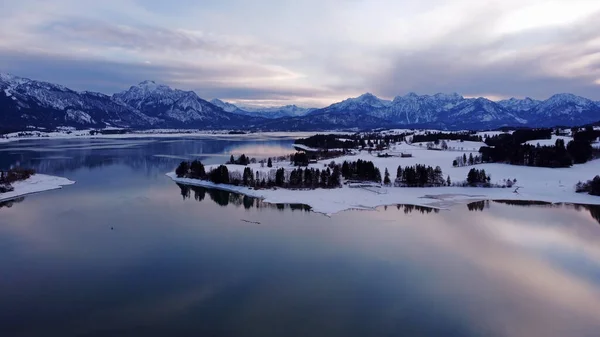 Aerial Drone Shot Forggensee Lake Bavaria Winter Blue Hour — Foto de Stock