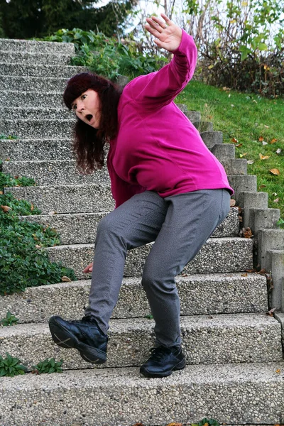 Danger Crash Risk Accidents Stairs Woman Stumbles Staircase — Stock Photo, Image