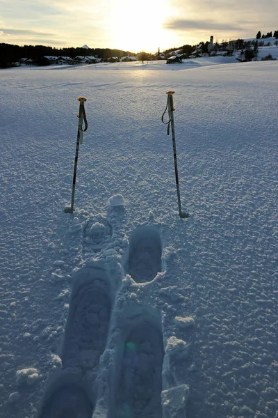 Skidstavar Och Snöskovandringar Skymningen Kvällssolen Vintersnön — Stockfoto