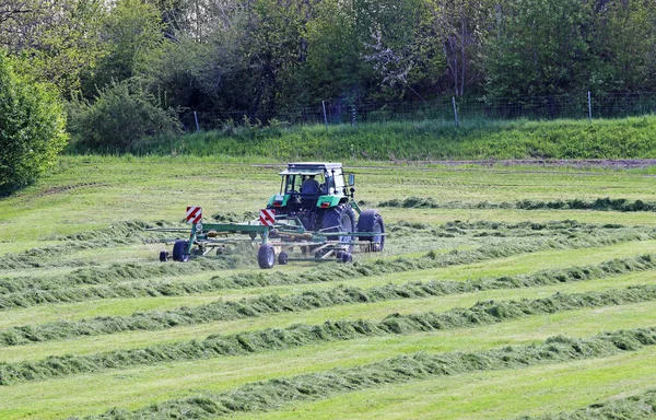 Bavyera 'da bir çiftçi samanı kesiyor. Bir traktör tarlada samanı döndürür.