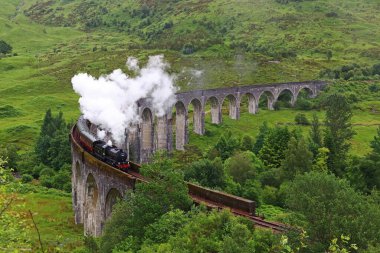 İskoçya 'daki ünlü Glenfinnan Viaduct' un buharlı lokomotifi.