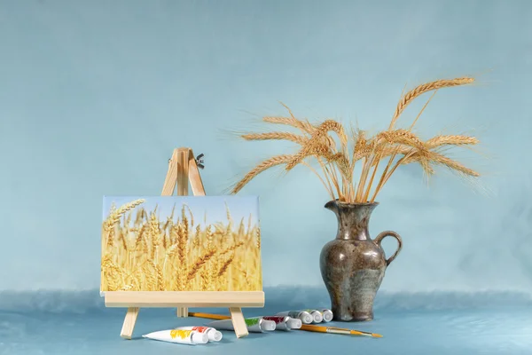 Zátiší s ušima, stojan, akvarel a pšenice. Digitální pict — Stock fotografie