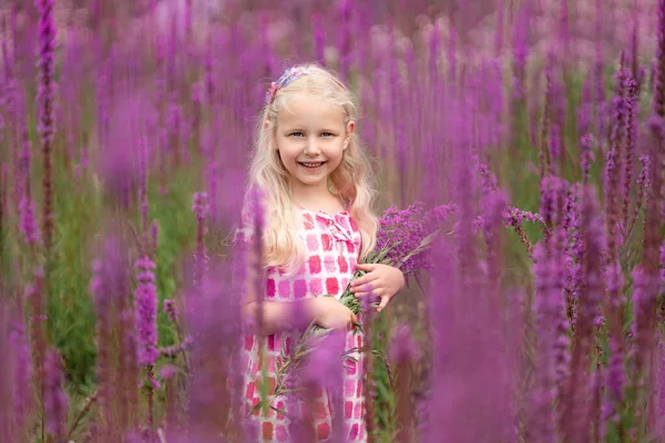 Klein Meisje Een Veld Met Wilde Bloemen — Stockfoto