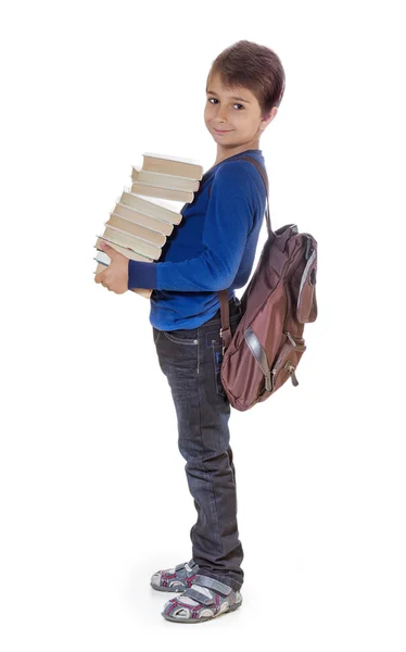 Retrato de um rapaz com livros escolares. Isolar no fundo branco — Fotografia de Stock