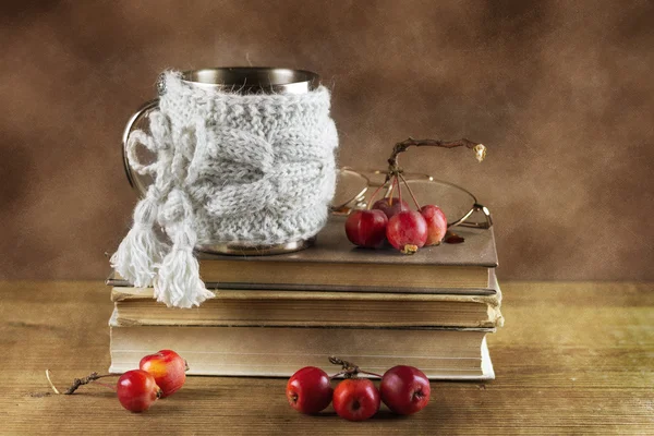 Naturaleza muerta con libros y manzanas paradisíacas — Foto de Stock