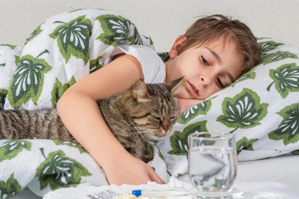 Portrait of sick little boy with cat in bed — Stock Photo, Image
