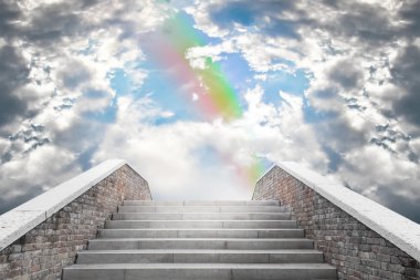 Marble staircase leading to the cloudy sky and rainbow clipart