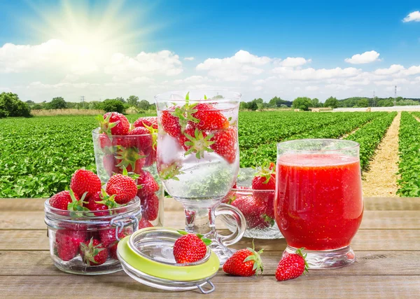 Smoothie aux fraises avec des baies fraîches dans le champ de fraises b — Photo