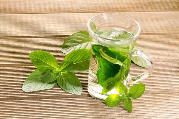 Mint thee met verse munt laat op een houten achtergrond — Stockfoto