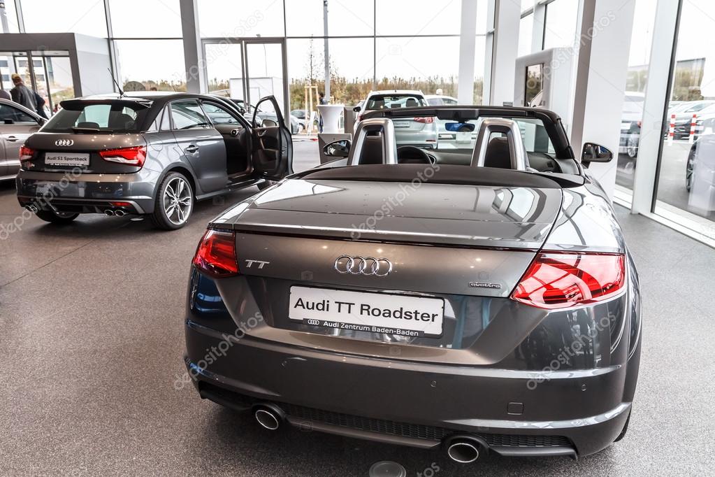Baden-Baden, Germany - October 10, 2015: New models of the brand Audi in a dealer's showroom in Baden-Baden, Germany.  Audi TT Roadster