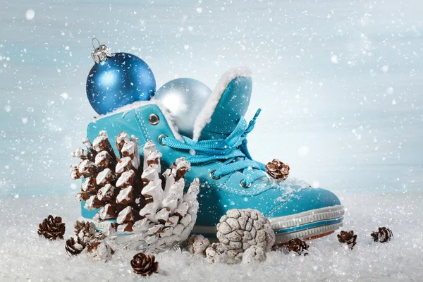 Christmas background with boots and Christmas decorations — Stock Photo, Image