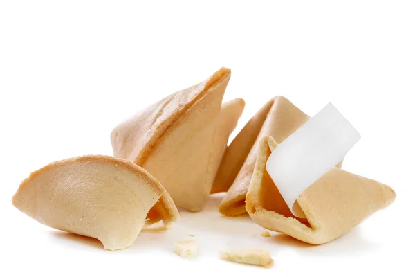 Galleta de la fortuna china con tira de papel en blanco aislada en blanco — Foto de Stock